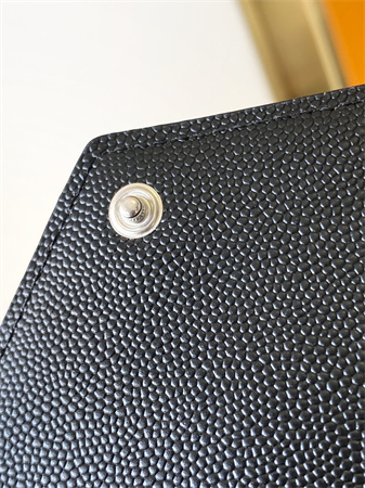 Y.S.L CASSANDRE MATELASS?? FRAGMENTS FLAP CARD CASE IN GRAIN DE POUDRE LEATHER Silver Tone Metal Black