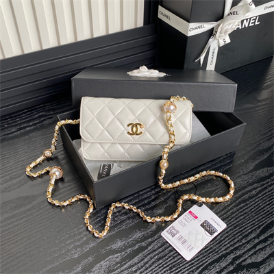 Chanel Flap Phone Holder with Chain Shiny Lambskin, Imitation Pearls & Gold-Tone Metal White AP4284