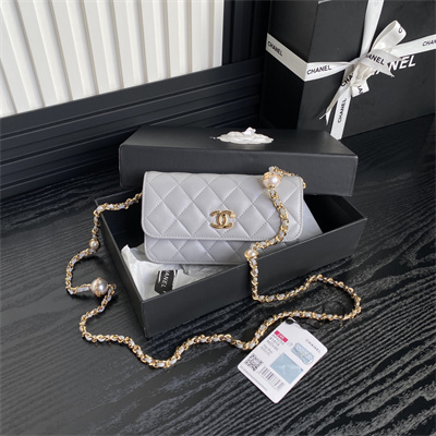 Chanel Flap Phone Holder with Chain Shiny Lambskin, Imitation Pearls & Gold-Tone Metal Grey AP4284
