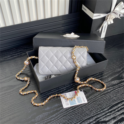 Chanel Flap Phone Holder with Chain Shiny Lambskin, Imitation Pearls & Gold-Tone Metal Grey AP4284