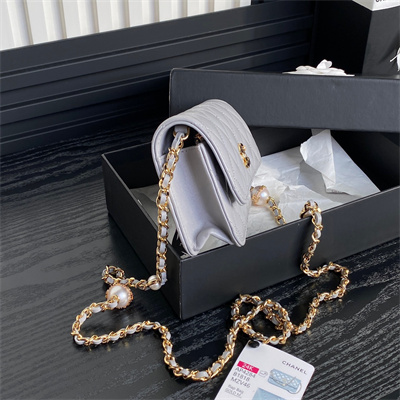 Chanel Flap Phone Holder with Chain Shiny Lambskin, Imitation Pearls & Gold-Tone Metal Grey AP4284