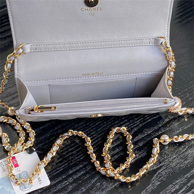 Chanel Flap Phone Holder with Chain Shiny Lambskin, Imitation Pearls & Gold-Tone Metal Grey AP4284