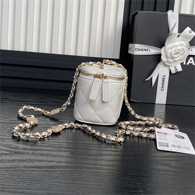 Chanel Small Vanity with Chain Lambskin, Strass & Gold-Tone Metal White AP4302