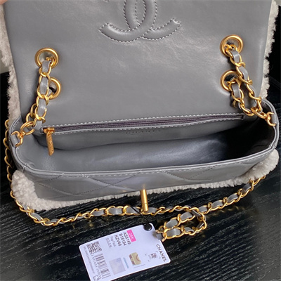Chanel Flap Bag Shearling Lambskin & Gold-Tone Metal Grey AS5149
