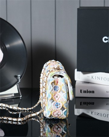 Cha.nel 24A Mini Flap Bag Flowers Sequins & Gold-Tone Metal White