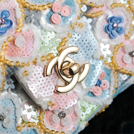 Cha.nel 24A Mini Flap Bag Flowers Sequins & Gold-Tone Metal White