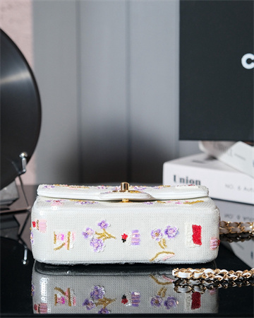 Cha.nel 24A Mini Flap Bag Sequins & Gold-Tone Metal White
