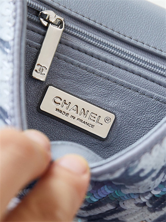 Cha.nel Mini Classic Handbag Sequins and Silver Tone Metal Grey,White &Gold A69900