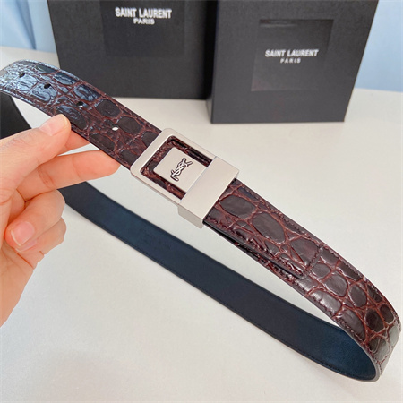 YSL Belts In Crocodile Embossed Leather 30MM Silver Hardware Burgundy