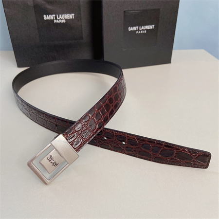 YSL Belts In Crocodile Embossed Leather 30MM Silver Hardware Burgundy