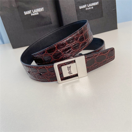 YSL Belts In Crocodile Embossed Leather 30MM Silver Hardware Burgundy