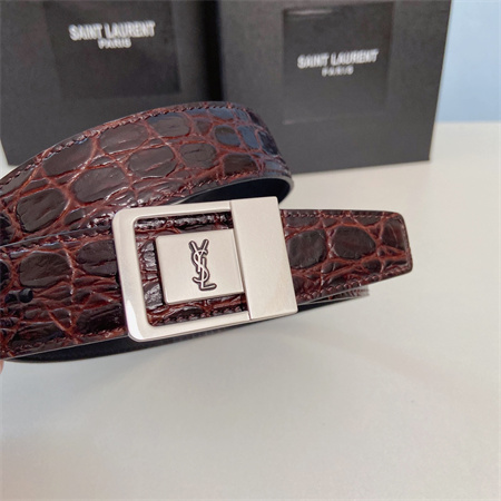 YSL Belts In Crocodile Embossed Leather 30MM Silver Hardware Burgundy