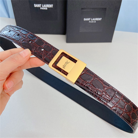 YSL Belts In Crocodile Embossed Leather 30MM Gold Hardware Burgundy