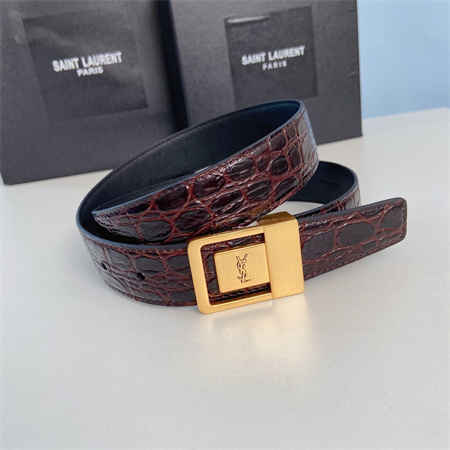YSL Belts In Crocodile Embossed Leather 30MM Gold Hardware Burgundy