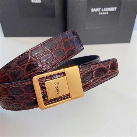 YSL Belts In Crocodile Embossed Leather 30MM Gold Hardware Burgundy