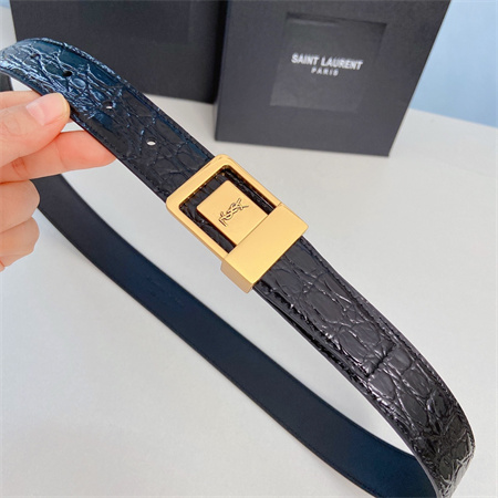 YSL Belts In Crocodile Embossed Leather 30MM Gold Hardware Black