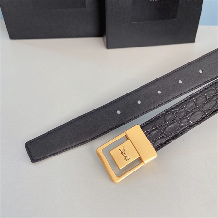YSL Belts In Crocodile Embossed Leather 30MM Gold Hardware Black