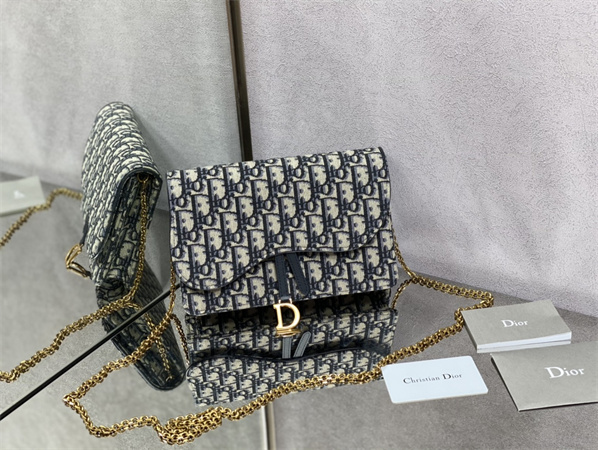 CD Saddle Pouch With Chain Blue Dior Oblique Jacquard