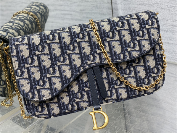 CD Saddle Pouch With Chain Blue Dior Oblique Jacquard
