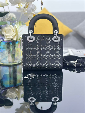 CD Mini Lady Dior Bag Satin With Crystal Cannage Silver Tone Metal Black