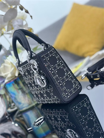 CD Mini Lady Dior Bag Satin With Crystal Cannage Silver Tone Metal Black