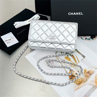 Chanel Wallet On Chain Lambskin Silver Tone Metal Silver AP0250
