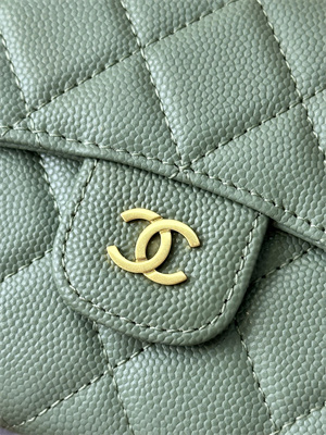 Chanel Small Flap Wallet Tri-Fold Grained Calfskin Gold Tone Metal Green A82288