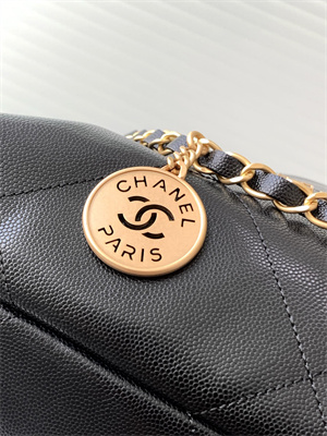 Cha.nel 22 Medium Handbag Grained Calfskin Gold Tone Metal Black AS3261