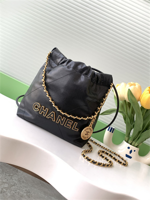 Cha.nel 22 Mini Handbag Grained Calfskin Gold Tone Metal Black AS3980