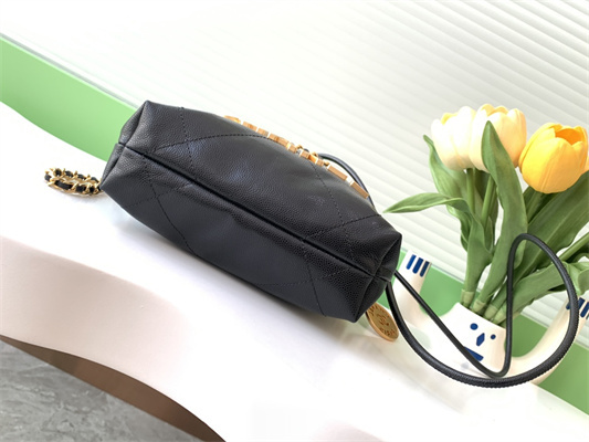 Cha.nel 22 Mini Handbag Grained Calfskin Gold Tone Metal Black AS3980