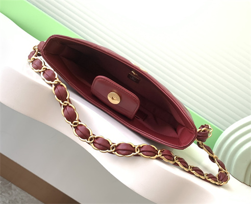 Cha.nel Hobo Handbag Lambskin & Gold-Tone Metal Burgundy AS5177