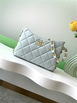 Cha.nel Hobo Handbag Lambskin & Gold-Tone Metal Grey AS5177