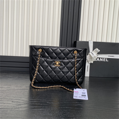 Cha.nel Small Tote Shiny Lambskin & Gold-Tone Metal Black AS5215