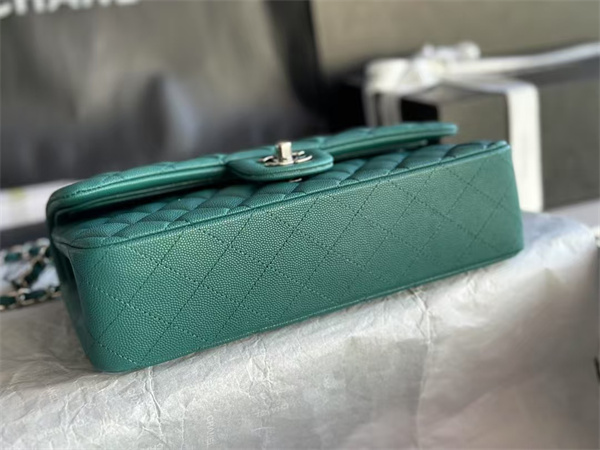Chanel Medium Classic Flap Bag Grained Calfskin Silver Tone Metal Green 01112