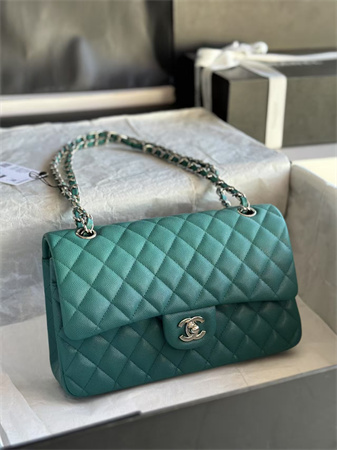 Chanel Medium Classic Flap Bag Grained Calfskin Silver Tone Metal Green 01112