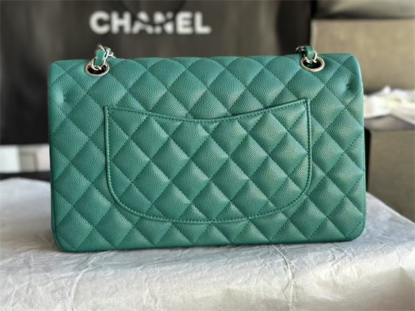 Chanel Medium Classic Flap Bag Grained Calfskin Silver Tone Metal Green 01112