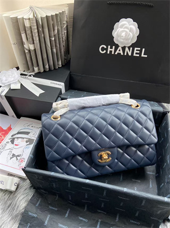 Chanel Medium Classic Flap Bag Lambskin Gold Tone Metal Navy 01112
