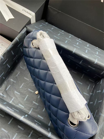 Chanel Medium Classic Flap Bag Lambskin Silver Tone Metal Navy 01112