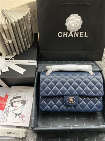 Chanel Medium Classic Flap Bag Lambskin Silver Tone Metal Navy 01112