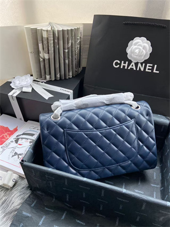 Chanel Medium Classic Flap Bag Lambskin Silver Tone Metal Navy 01112