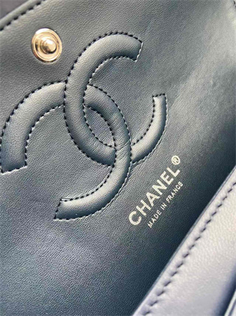 Chanel Medium Classic Flap Bag Lambskin Silver Tone Metal Navy 01112