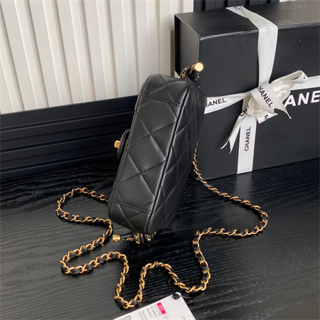 Chanel Mini Flap Bag With Top Handle Lambskin Gold Tone Metal Black Color AS5298