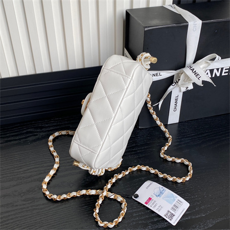 Chanel Mini Flap Bag With Top Handle Lambskin Gold Tone Metal White Color AS5298