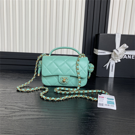 Chanel Mini Flap Bag With Top Handle Lambskin Gold Tone Metal Green Color AS5298