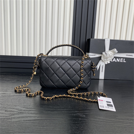 Chanel Flap Bag With Top Handle Lambskin Gold Tone Metal Black Color AS5317