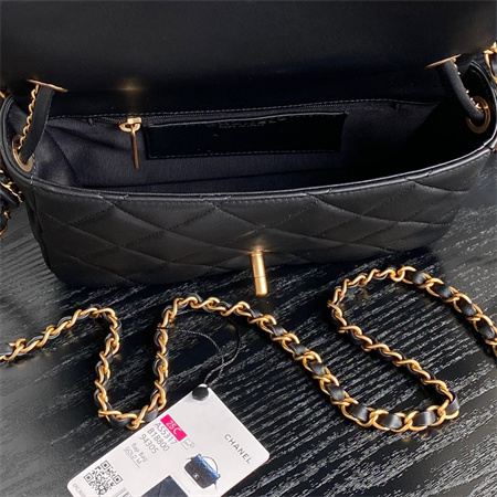 Chanel Flap Bag With Top Handle Lambskin Gold Tone Metal Black Color AS5317