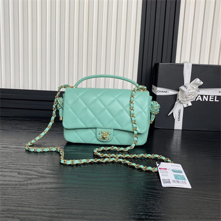 Chanel Flap Bag With Top Handle Lambskin Gold Tone Metal Green Color AS5317
