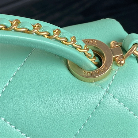 Chanel Flap Bag With Top Handle Lambskin Gold Tone Metal Green Color AS5317