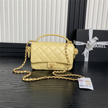Chanel Flap Bag With Top Handle Lambskin Gold Tone Metal Yellow Color AS5317