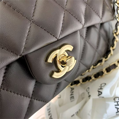 Chanel Medium Classic Flap Bag Lambskin Gold Tone Metal Dk Brown 01112
